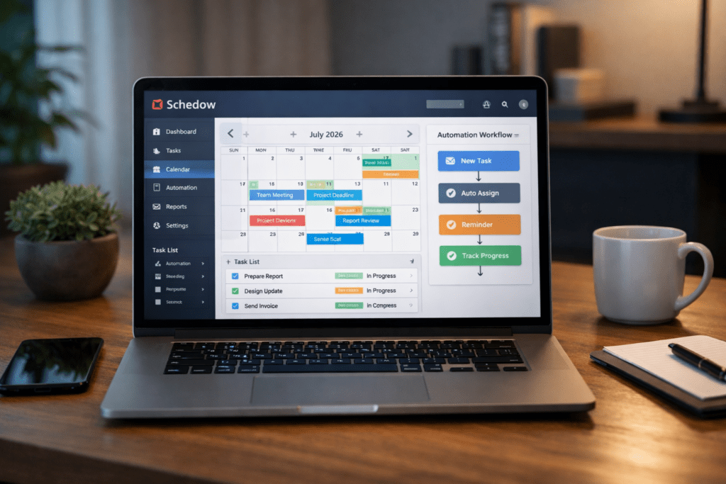 Schedow dashboard showing task scheduling and workflow automation interface