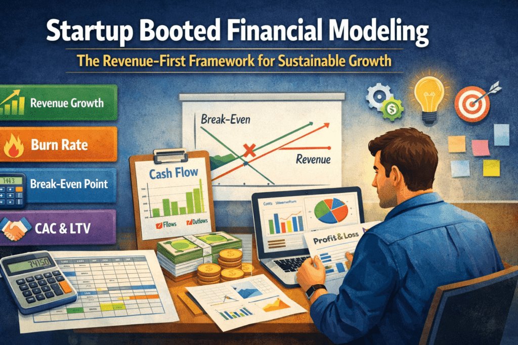 Startup founder analyzing financial model with revenue and cash flow charts