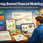 Startup founder analyzing financial model with revenue and cash flow charts