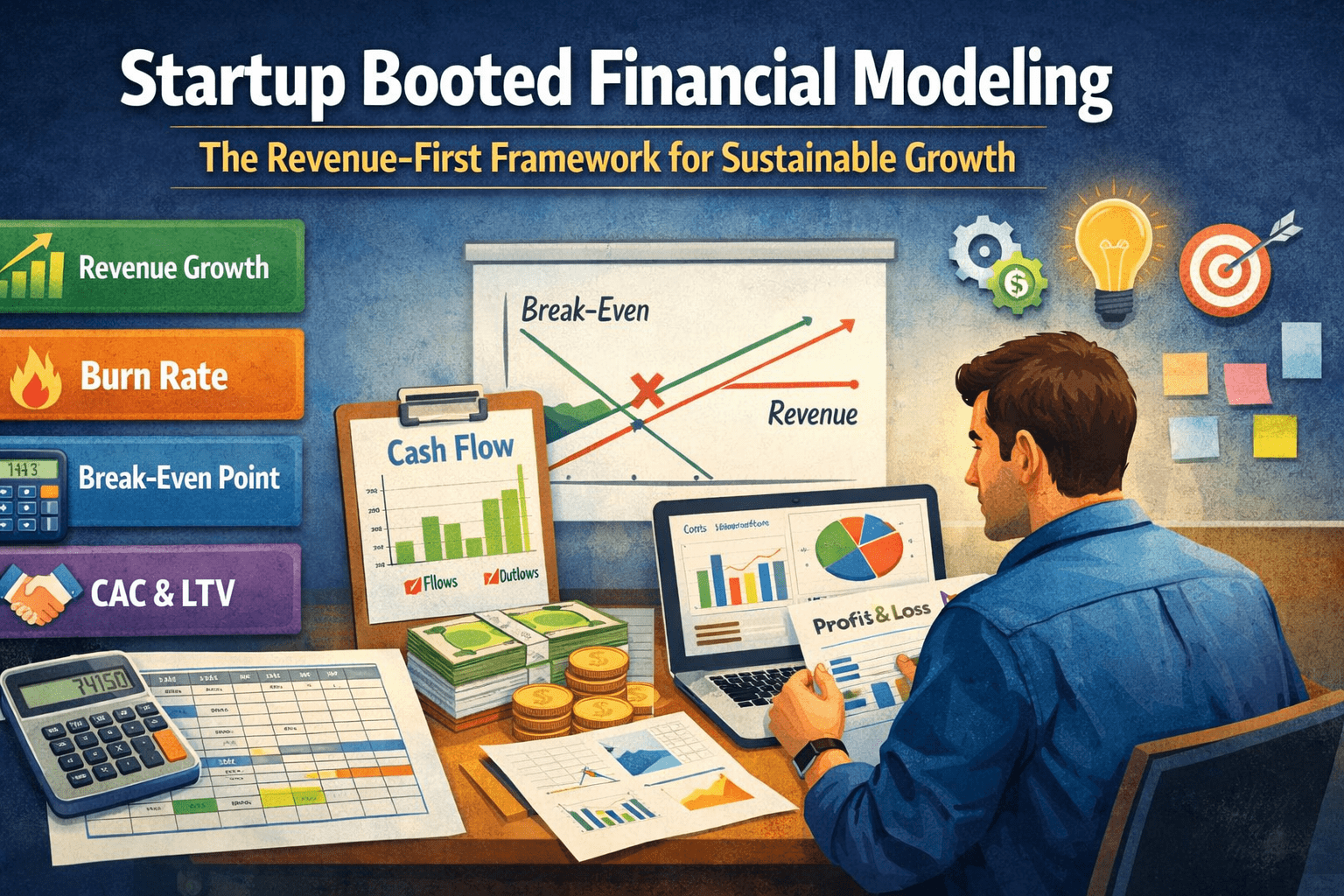 Startup founder analyzing financial model with revenue and cash flow charts