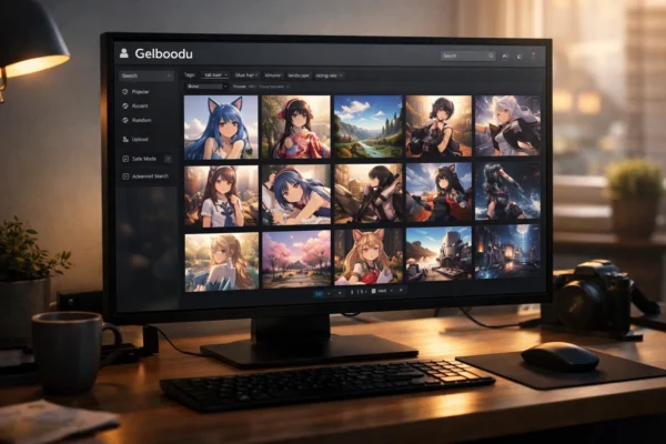 Gelboodu anime image platform interface showing tagged artwork