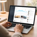 Person using a runlia style digital platform on laptop in a modern workspace