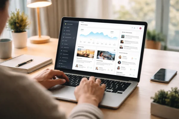 Person using a runlia style digital platform on laptop in a modern workspace